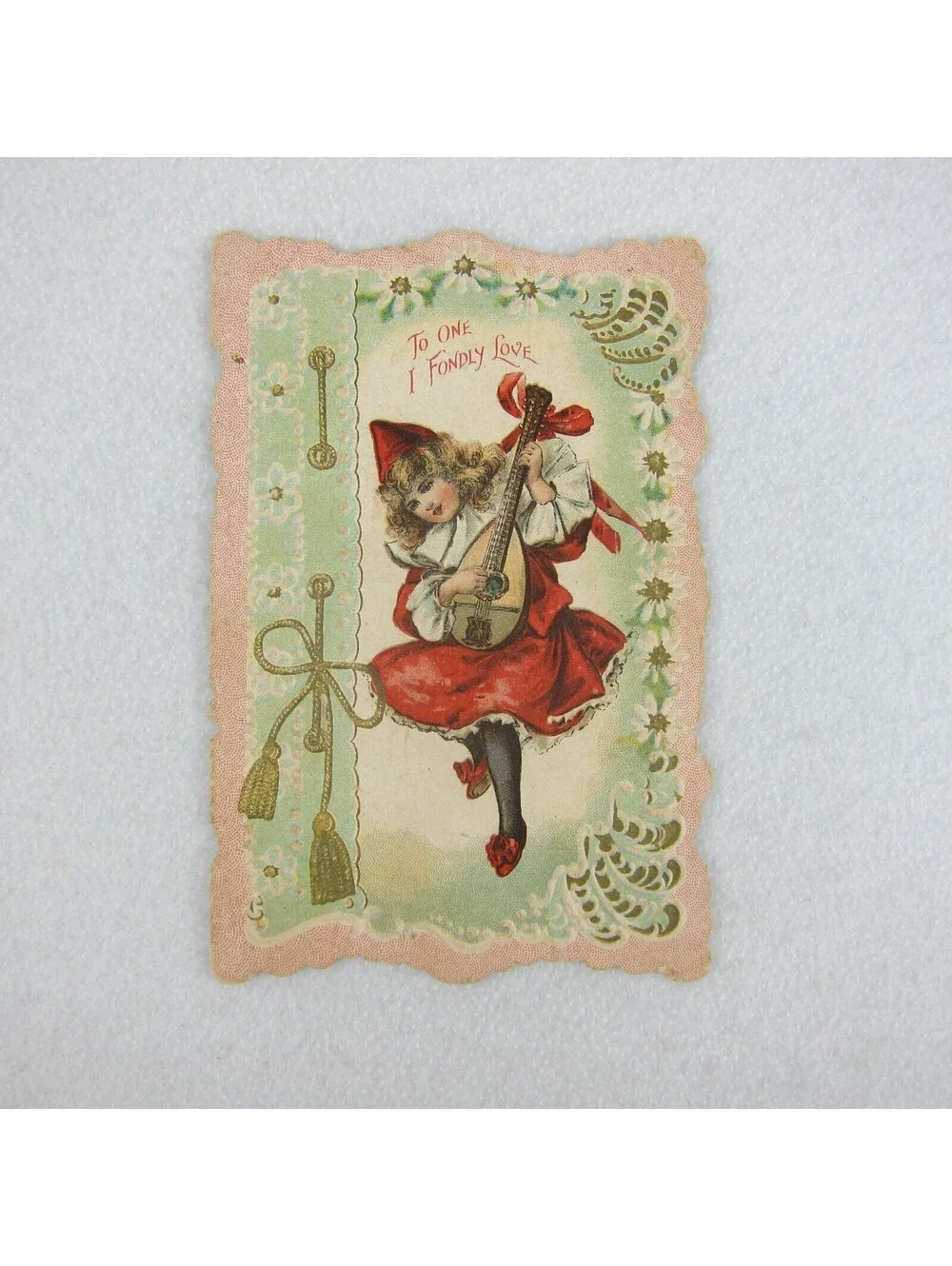 Antique Valentine Blonde Girl Minstrel Play Lute Red Dress Hat Embossed UNSIGNED